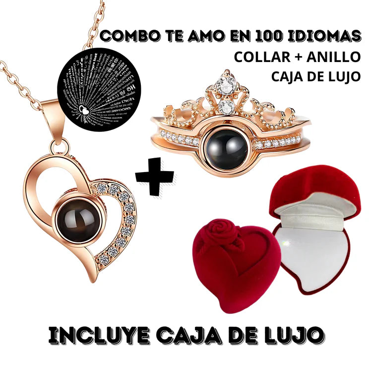 💝 Combo Collar + Anillo: Te Amo en 100 Idiomas 💝